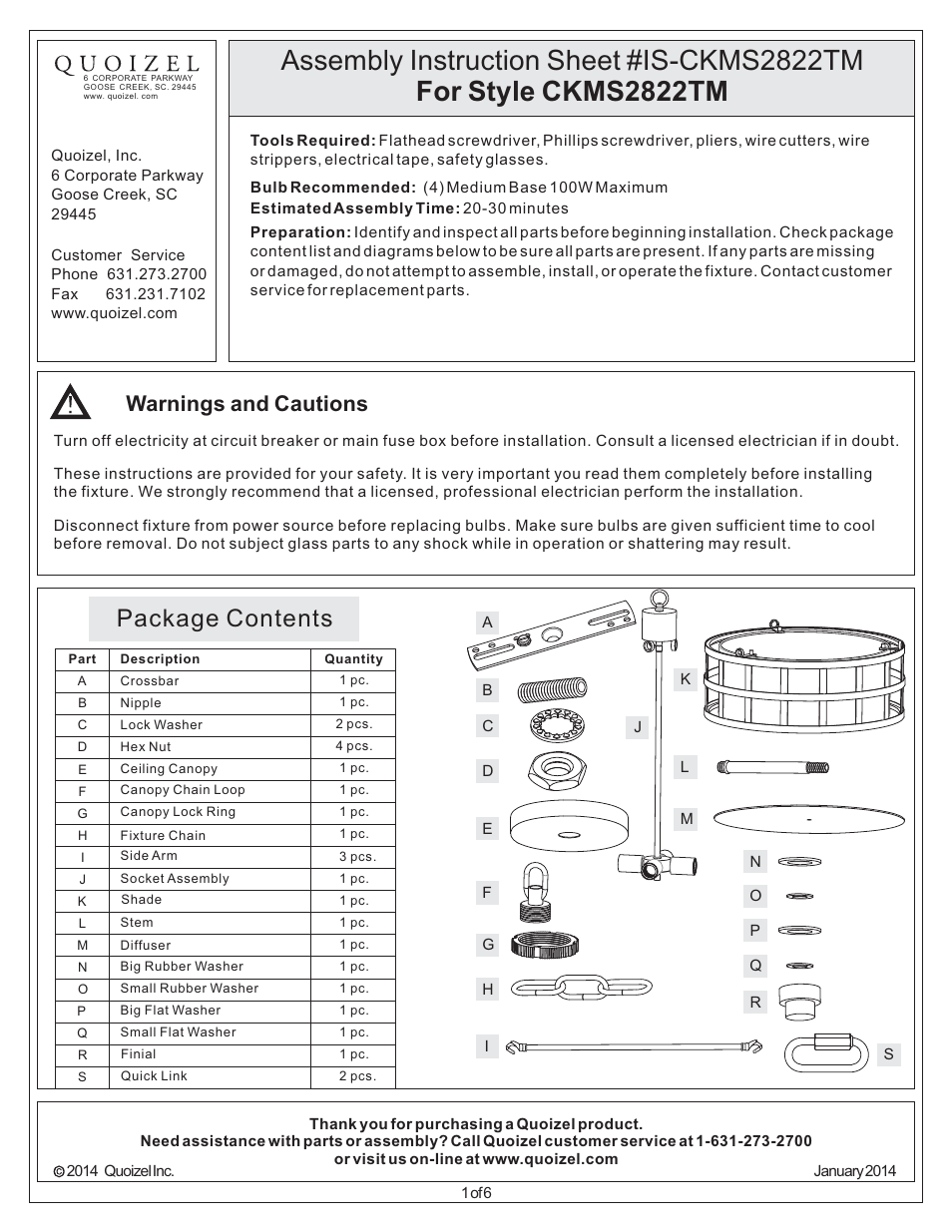 Quoizel CKMS2822TM Marisol User Manual | 6 pages