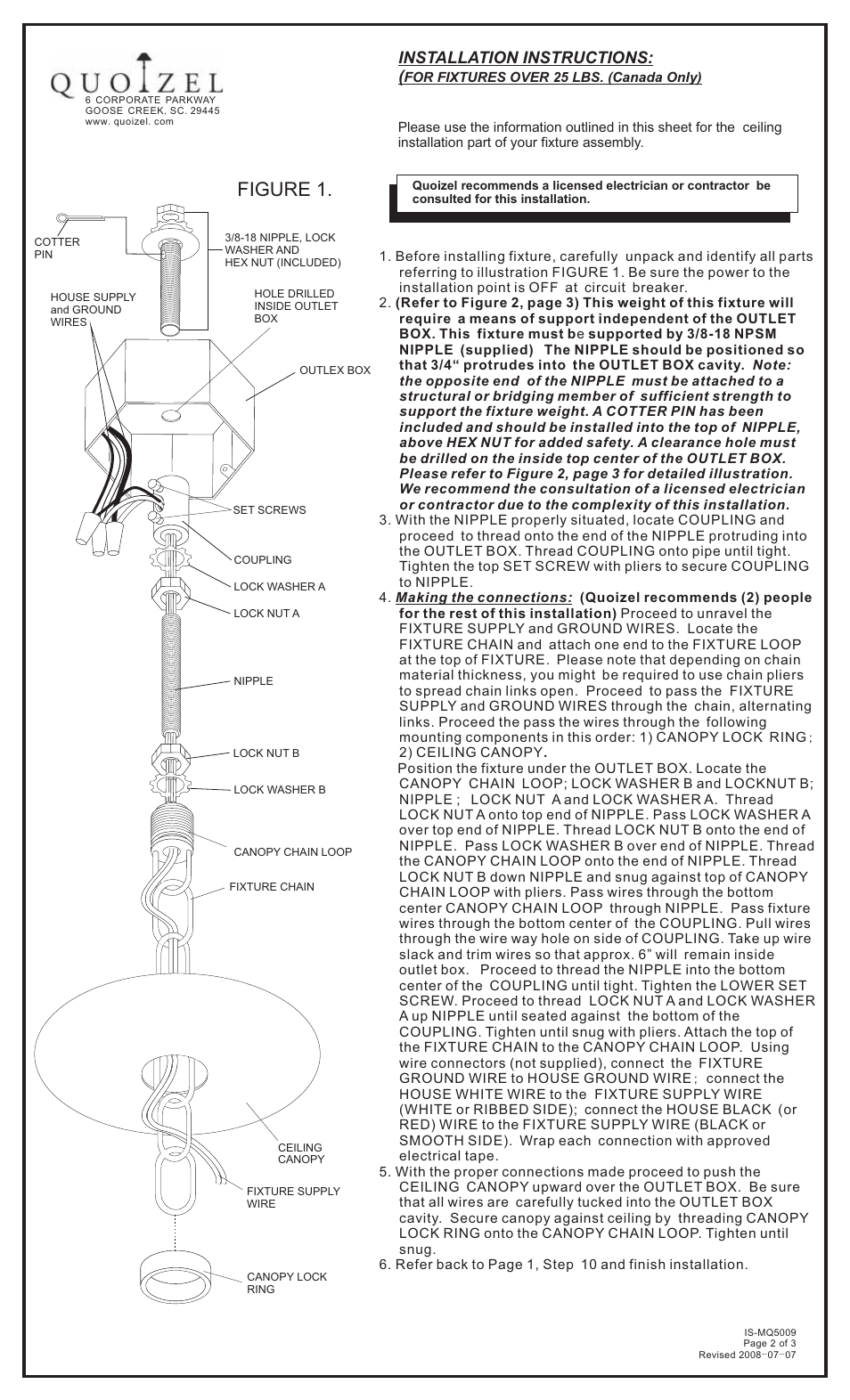 Figure 1, Installation instructions | Quoizel MQ5009HL Marquette User Manual | Page 2 / 3