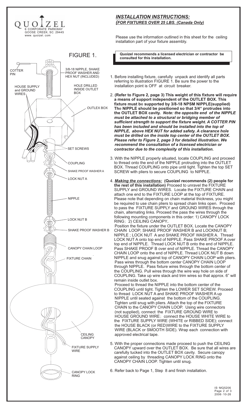 Figure 1, Installation instructions | Quoizel MQ5208HL Marquette User Manual | Page 2 / 3