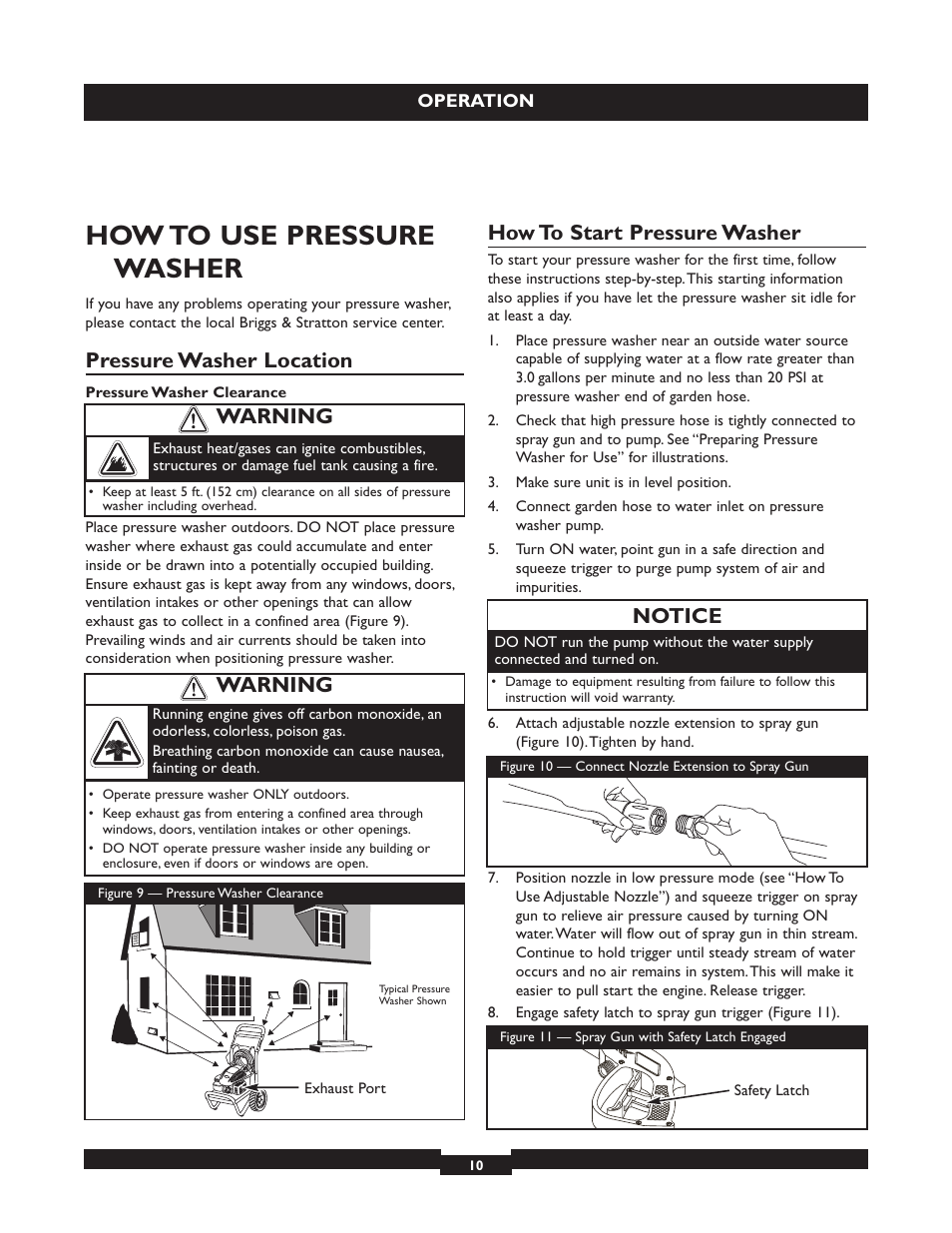 How to use pressure washer, Pressure washer location, How to start pressure washer | Notice, Warning | Briggs & Stratton 20223 User Manual | Page 10 / 92