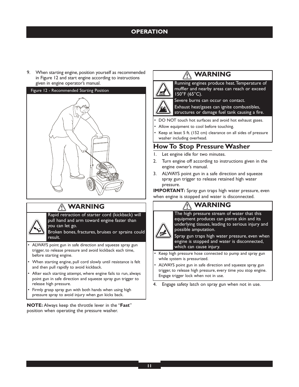 How to stop pressure washer, Warning | Briggs & Stratton 20223 User Manual | Page 11 / 92