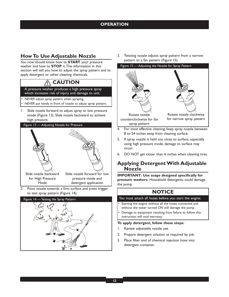 How to use adjustable nozzle, Applying detergent with adjustable nozzle, Notice | Caution | Briggs & Stratton 20223 User Manual | Page 12 / 92