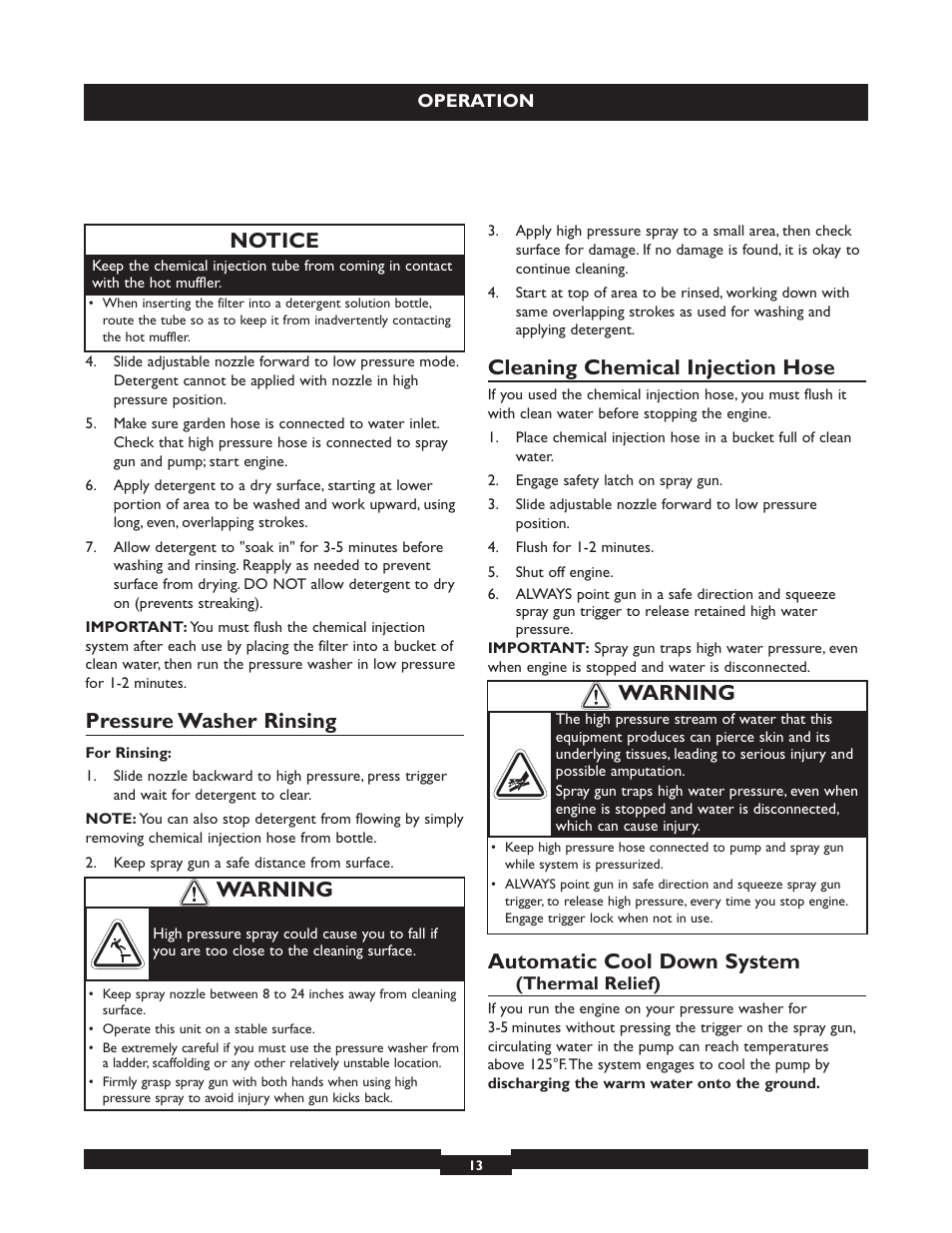 Pressure washer rinsing, Cleaning chemical injection hose, Automatic cool down system | Notice, Warning | Briggs & Stratton 20223 User Manual | Page 13 / 92