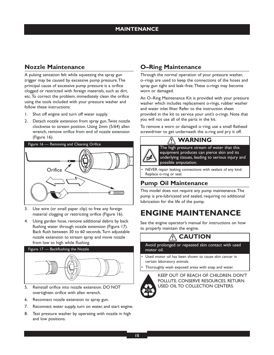 Engine maintenance, Nozzle maintenance, O–ring maintenance | Pump oil maintenance, Caution, Warning | Briggs & Stratton 20223 User Manual | Page 15 / 92