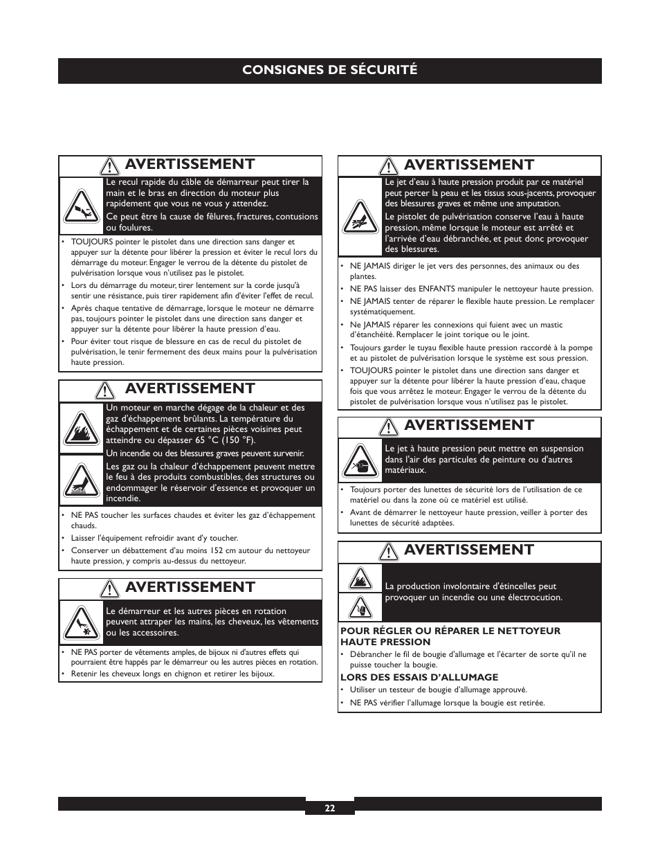 Avertissement, Consignes de sécurité | Briggs & Stratton 20223 User Manual | Page 22 / 92