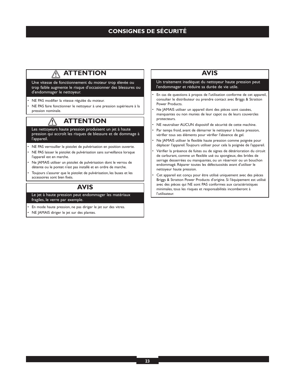 Attention, Avis, Consignes de sécurité | Briggs & Stratton 20223 User Manual | Page 23 / 92