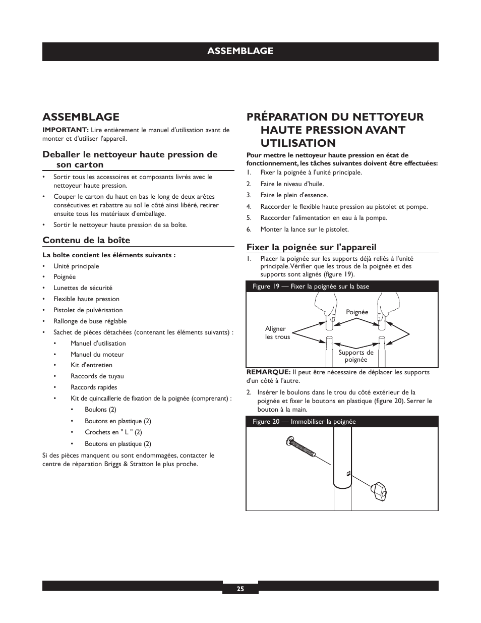 Assemblage, Deballer le nettoyeur haute pression de son carton, Contenu de la boîte | Fixer la poignée sur l'appareil | Briggs & Stratton 20223 User Manual | Page 25 / 92