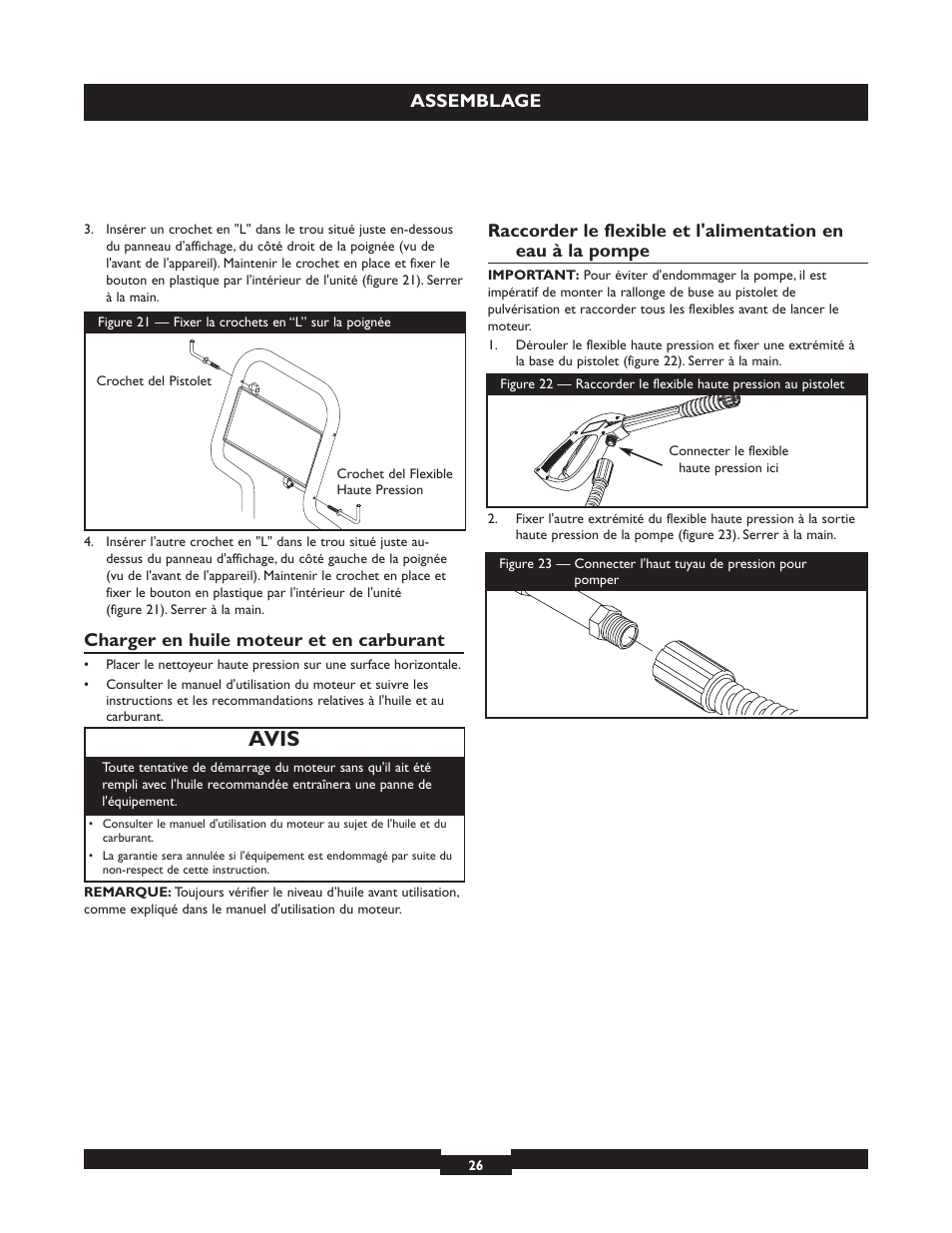 Avis, Charger en huile moteur et en carburant, Assemblage | Briggs & Stratton 20223 User Manual | Page 26 / 92