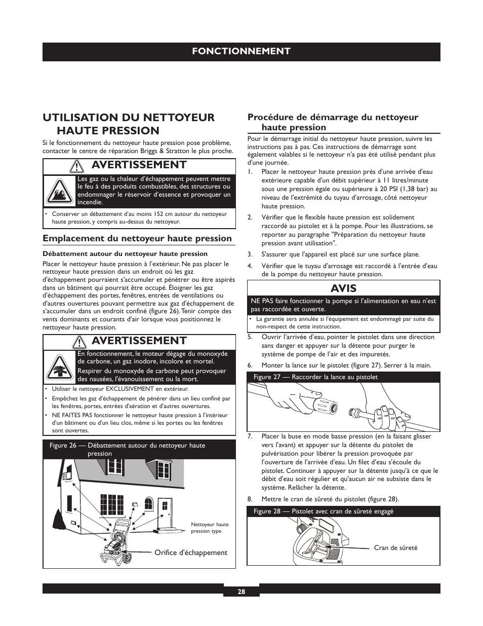 Utilisation du nettoyeur haute pression, Avis, Avertissement | Briggs & Stratton 20223 User Manual | Page 28 / 92