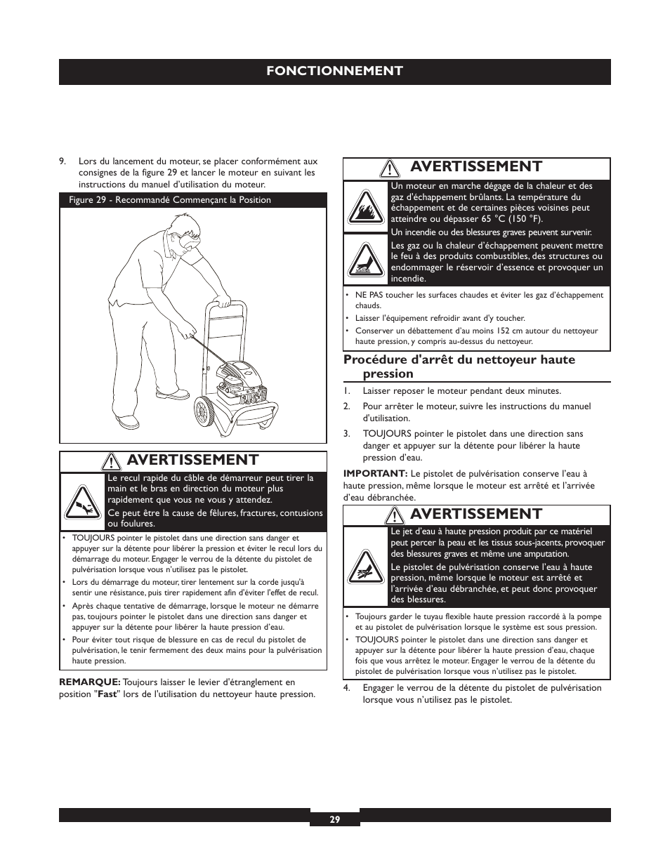 Avertissement, Fonctionnement, Procédure d'arrêt du nettoyeur haute pression | Briggs & Stratton 20223 User Manual | Page 29 / 92