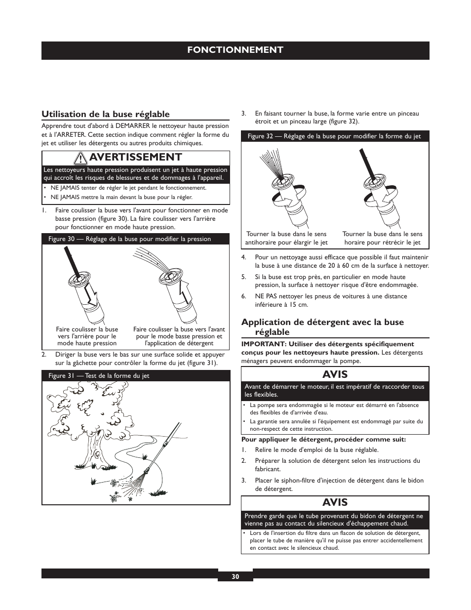 Avertissement avis, Avis, Fonctionnement | Utilisation de la buse réglable, Application de détergent avec la buse réglable | Briggs & Stratton 20223 User Manual | Page 30 / 92