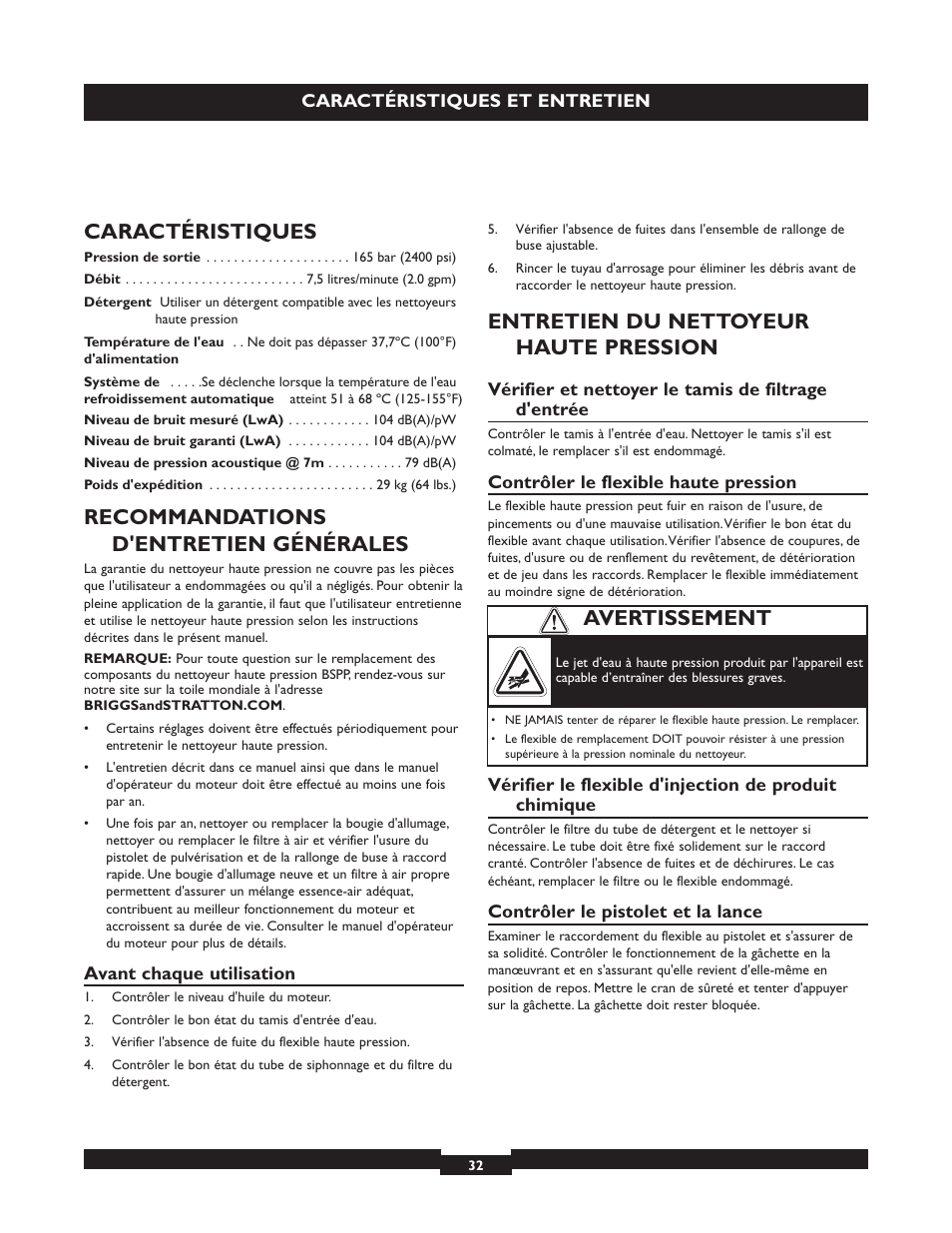 Caractéristiques, Recommandations d'entretien générales, Entretien du nettoyeur haute pression | Avertissement | Briggs & Stratton 20223 User Manual | Page 32 / 92