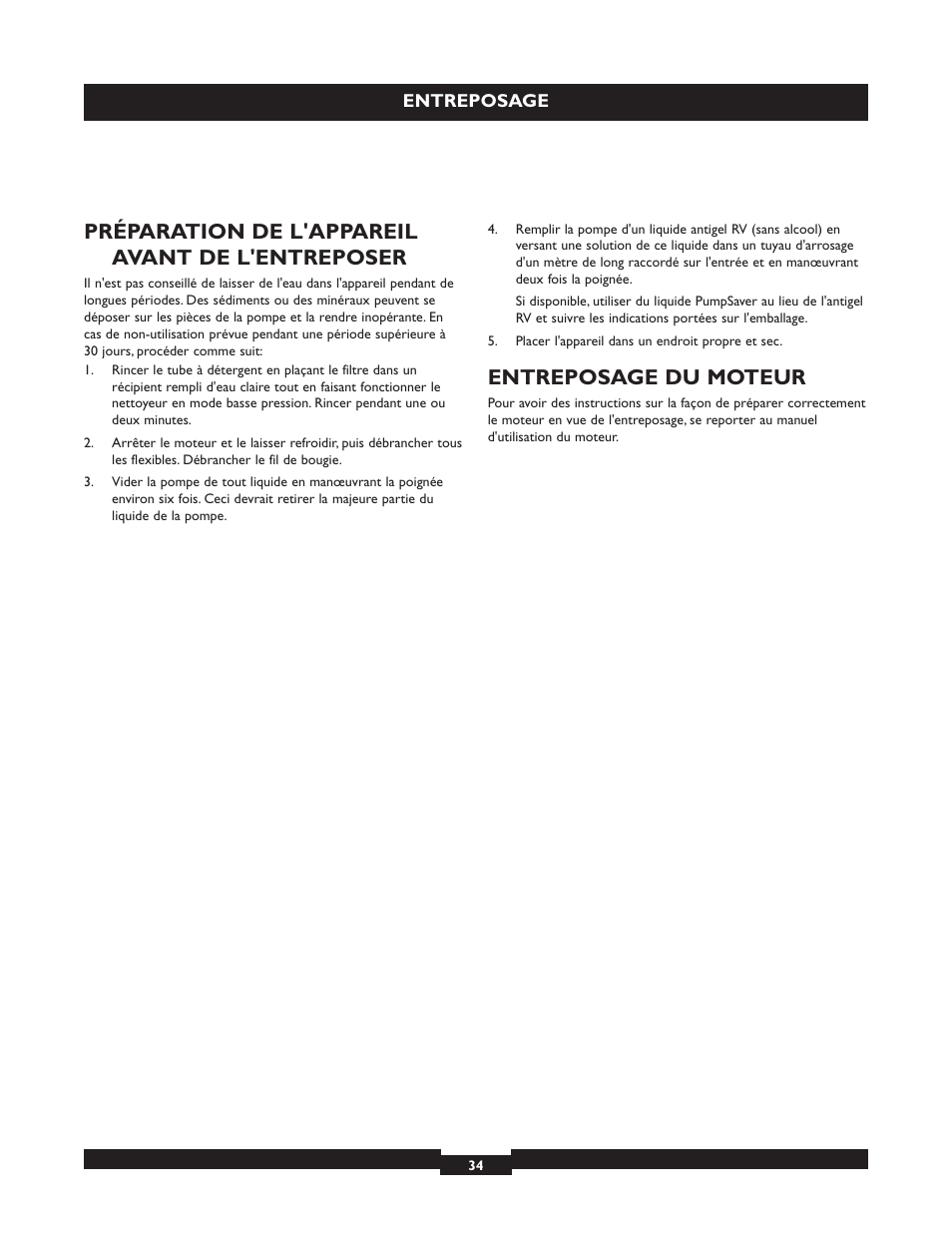 Préparation de l'appareil avant de l'entreposer, Entreposage du moteur | Briggs & Stratton 20223 User Manual | Page 34 / 92