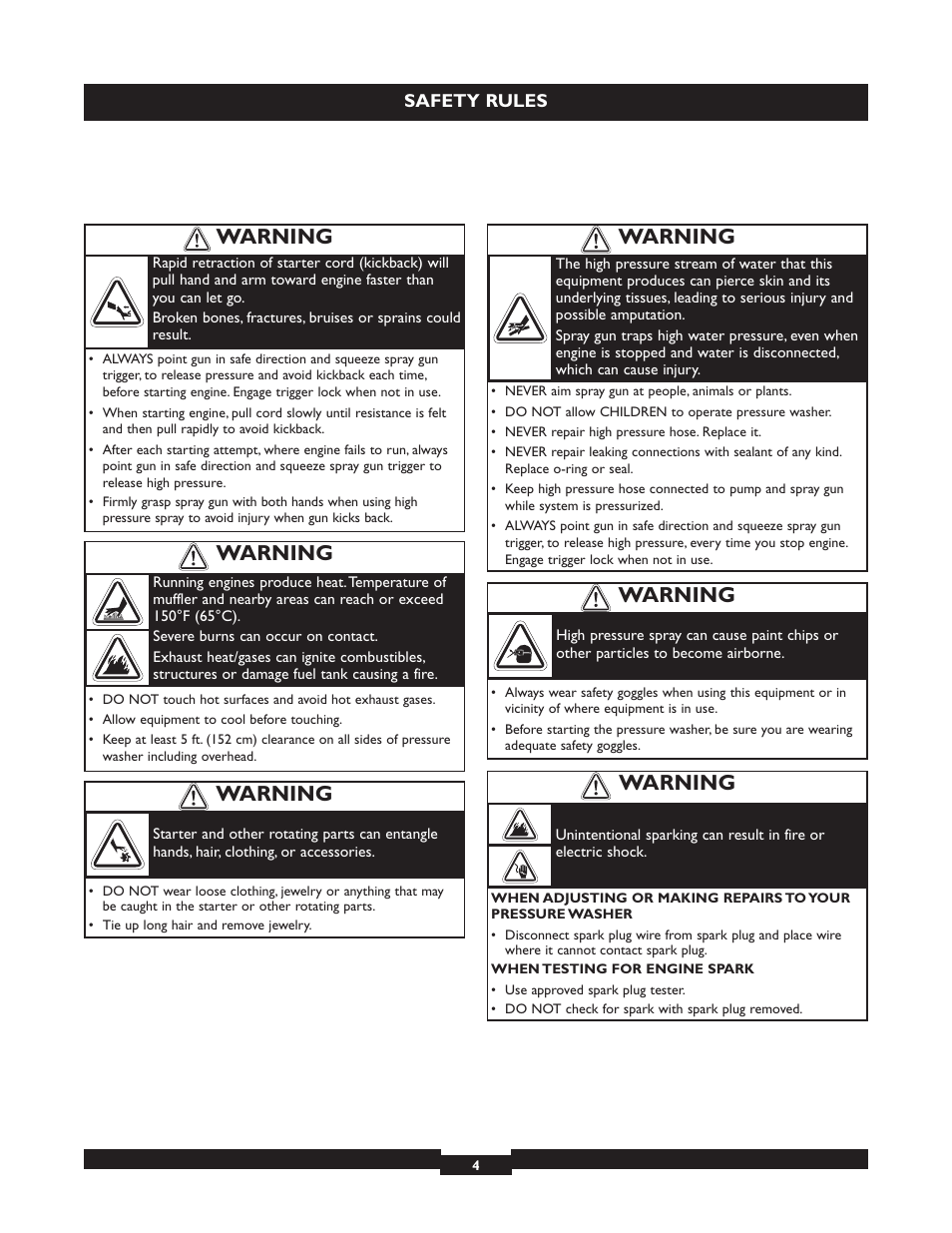 Warning | Briggs & Stratton 20223 User Manual | Page 4 / 92