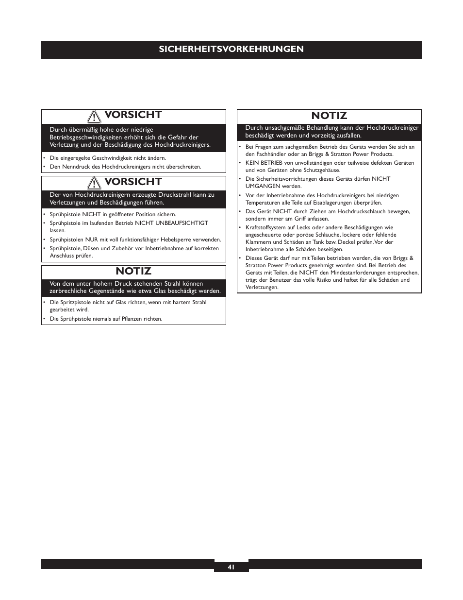 Notiz, Vorsicht, Sicherheitsvorkehrungen | Briggs & Stratton 20223 User Manual | Page 41 / 92