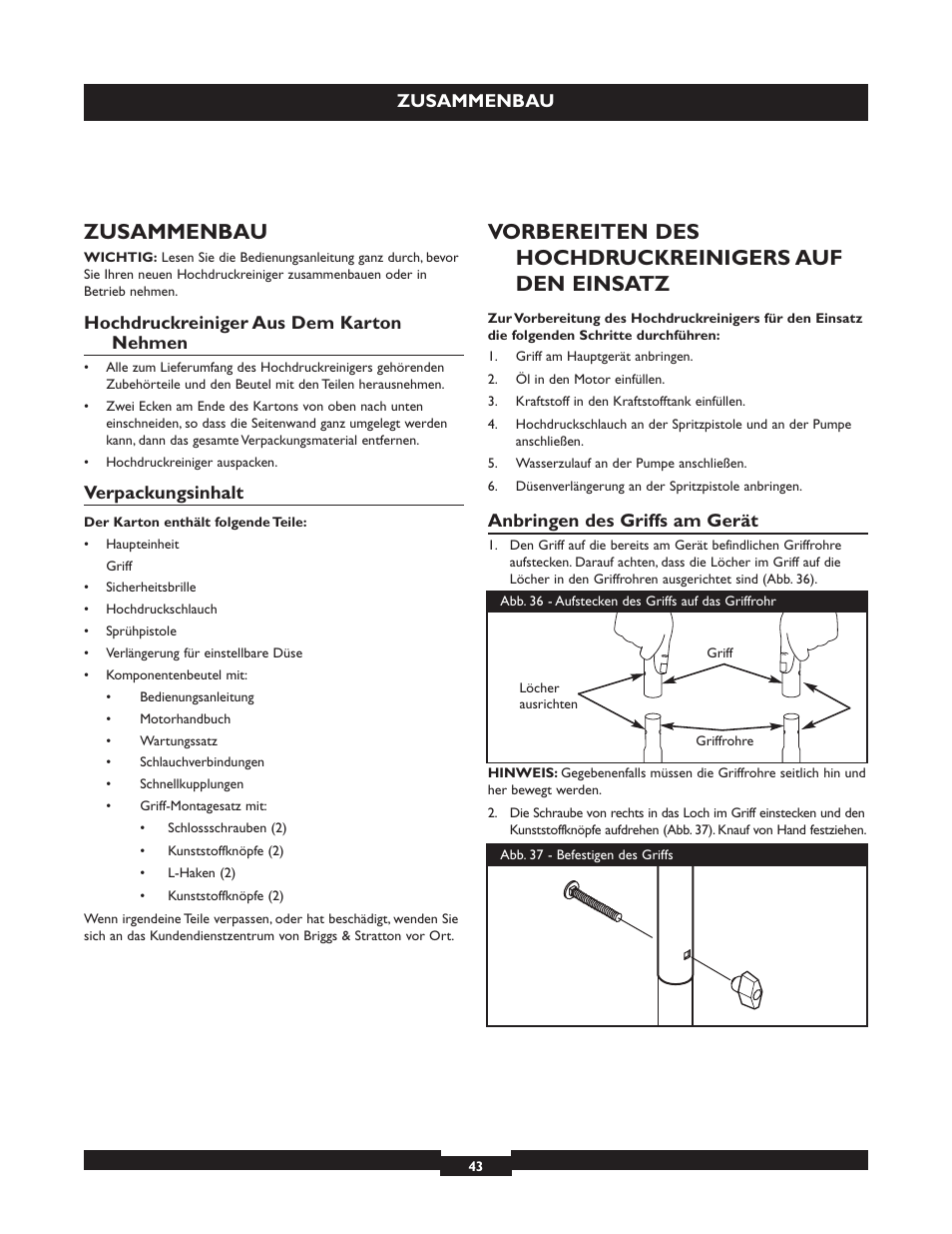 Zusammenbau, Vorbereiten des hochdruckreinigers auf den einsatz | Briggs & Stratton 20223 User Manual | Page 43 / 92