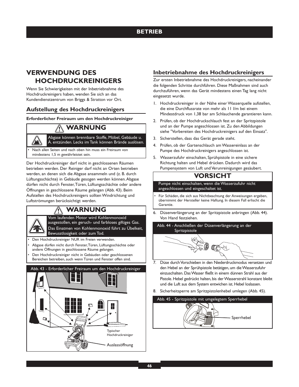 Verwendung des hochdruckreinigers, Vorsicht, Warnung | Betrieb, Aufstellung des hochdruckreinigers, Inbetriebnahme des hochdruckreinigers | Briggs & Stratton 20223 User Manual | Page 46 / 92