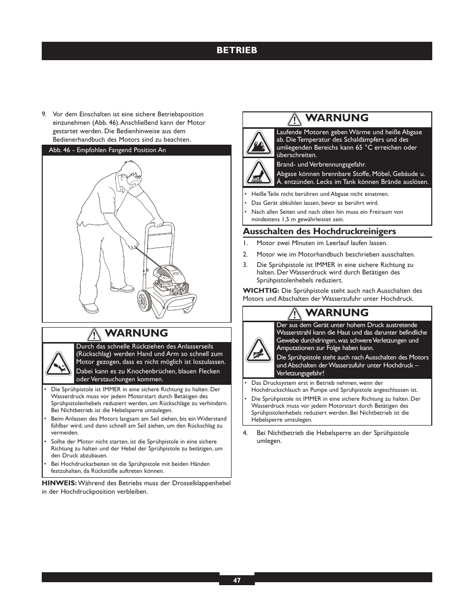 Warnung, Betrieb, Ausschalten des hochdruckreinigers | Briggs & Stratton 20223 User Manual | Page 47 / 92