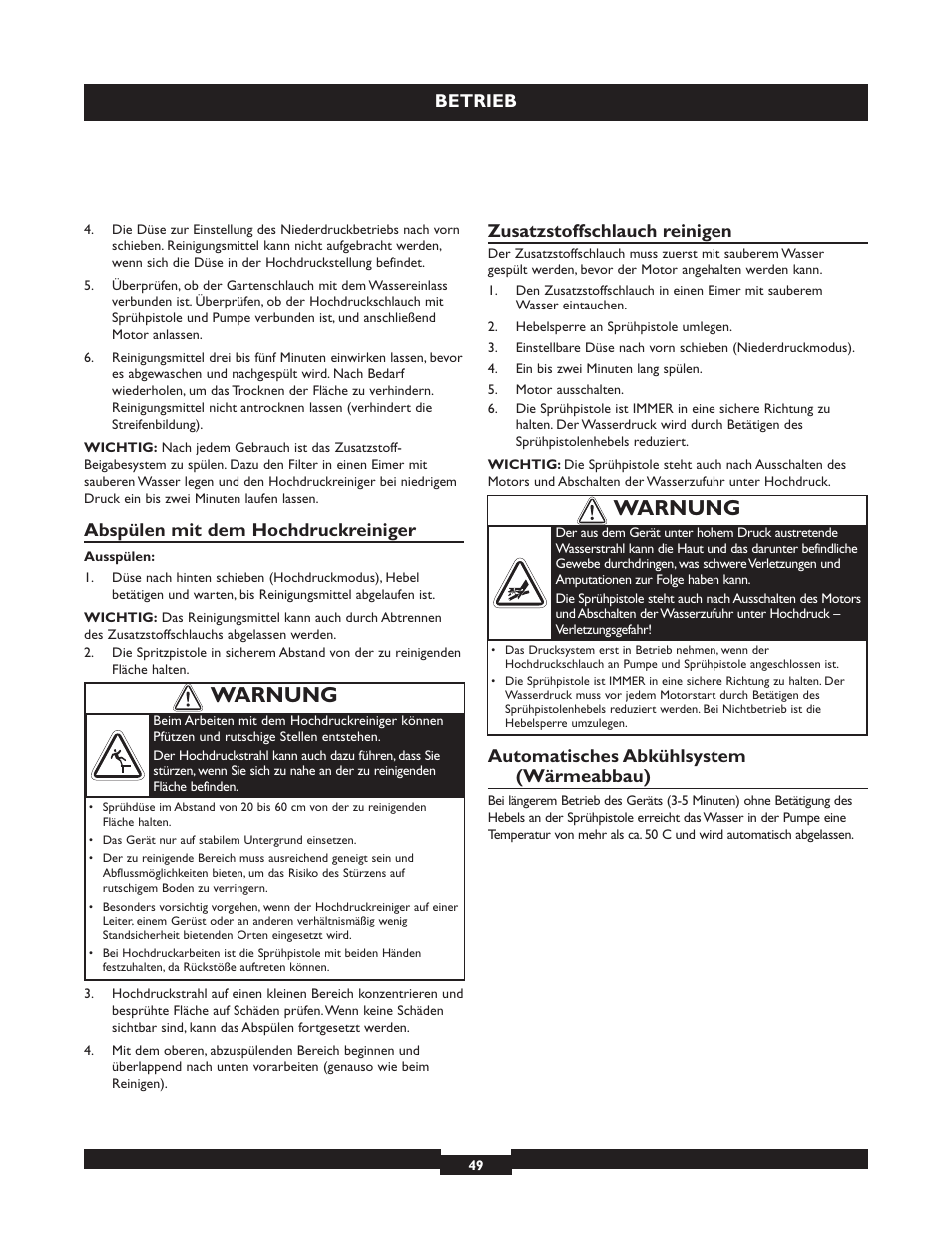 Warnung, Betrieb, Abspülen mit dem hochdruckreiniger | Zusatzstoffschlauch reinigen, Automatisches abkühlsystem (wärmeabbau) | Briggs & Stratton 20223 User Manual | Page 49 / 92