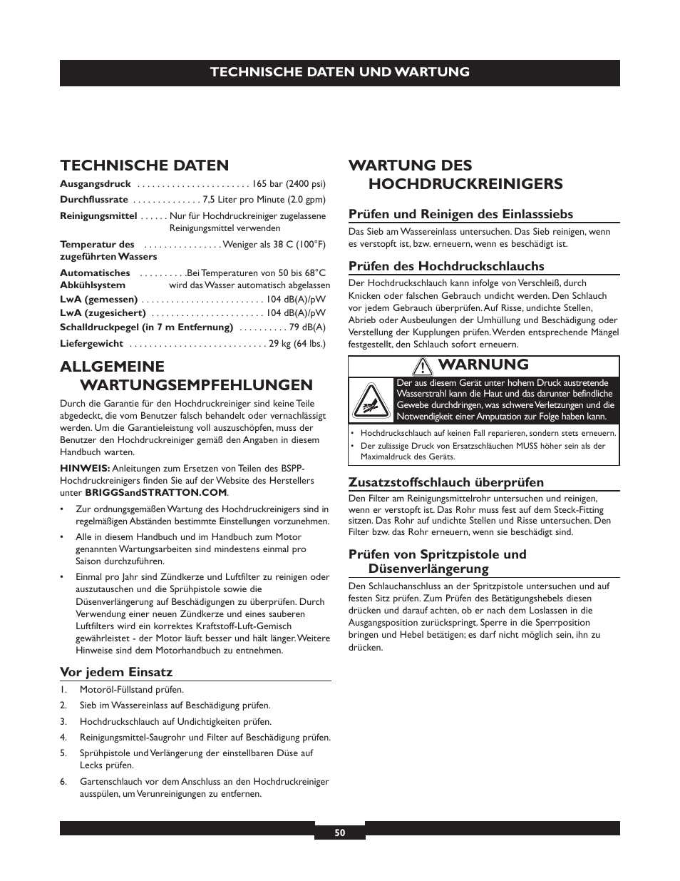 Technische daten, Allgemeine wartungsempfehlungen, Wartung des hochdruckreinigers | Warnung | Briggs & Stratton 20223 User Manual | Page 50 / 92