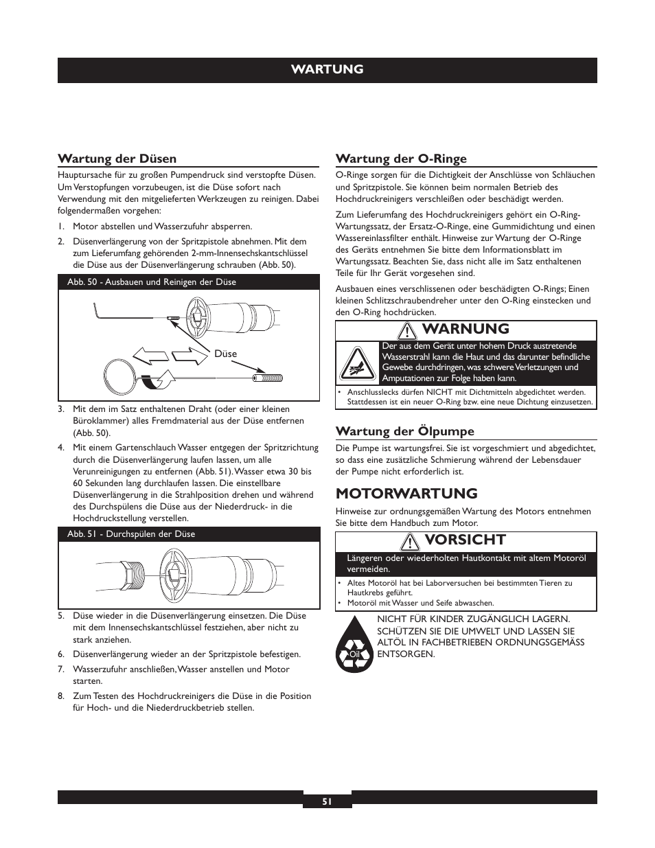 Motorwartung, Warnung, Vorsicht | Briggs & Stratton 20223 User Manual | Page 51 / 92