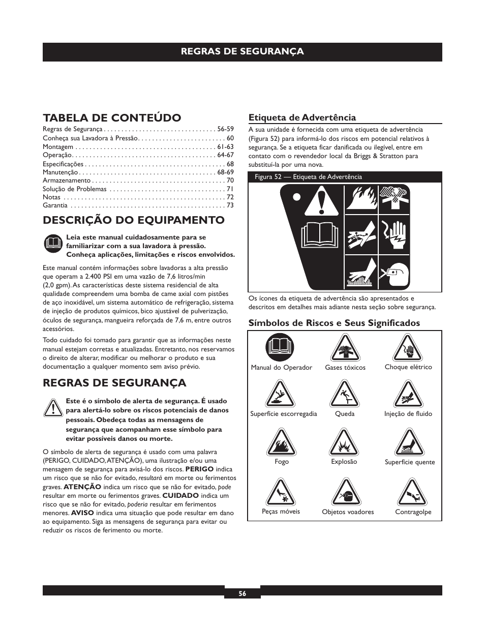 Tabela de conteúdo, Descrição do equipamento, Regras de segurança | Briggs & Stratton 20223 User Manual | Page 56 / 92