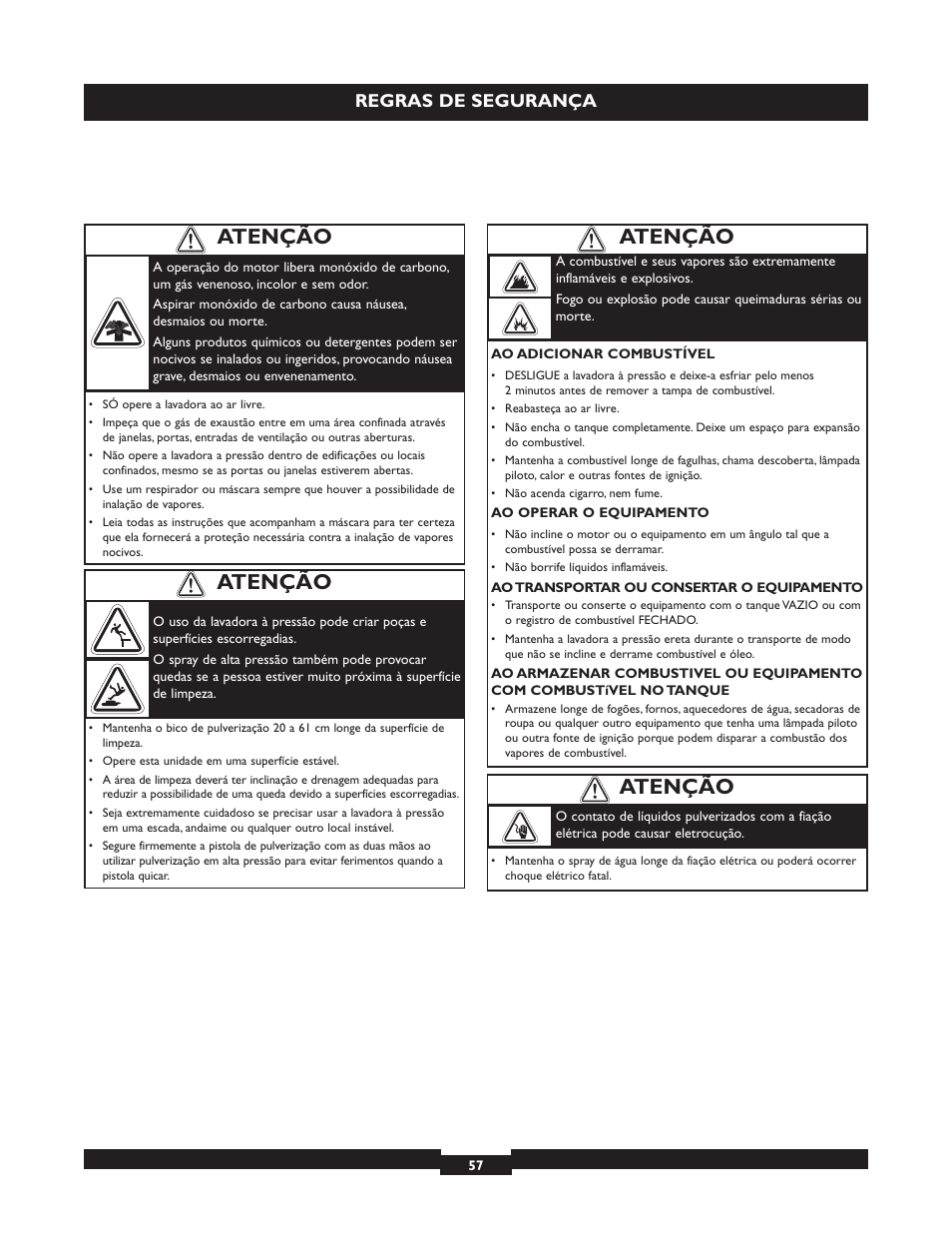 Atenção, Regras de segurança | Briggs & Stratton 20223 User Manual | Page 57 / 92
