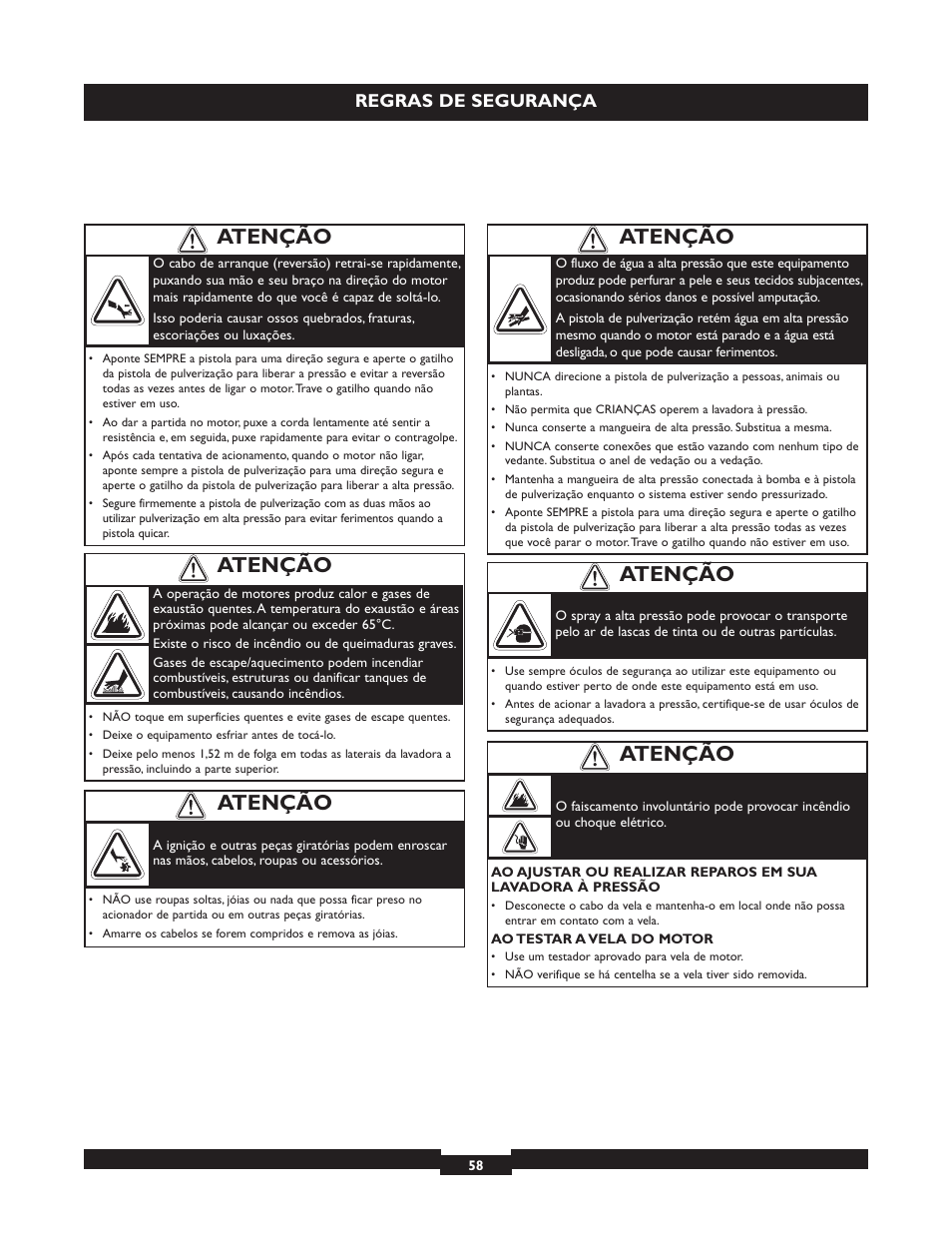 Atenção, Regras de segurança | Briggs & Stratton 20223 User Manual | Page 58 / 92