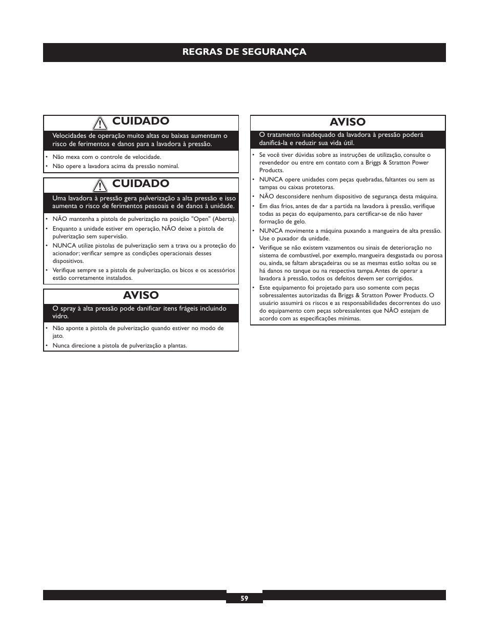 Aviso, Cuidado, Regras de segurança | Briggs & Stratton 20223 User Manual | Page 59 / 92