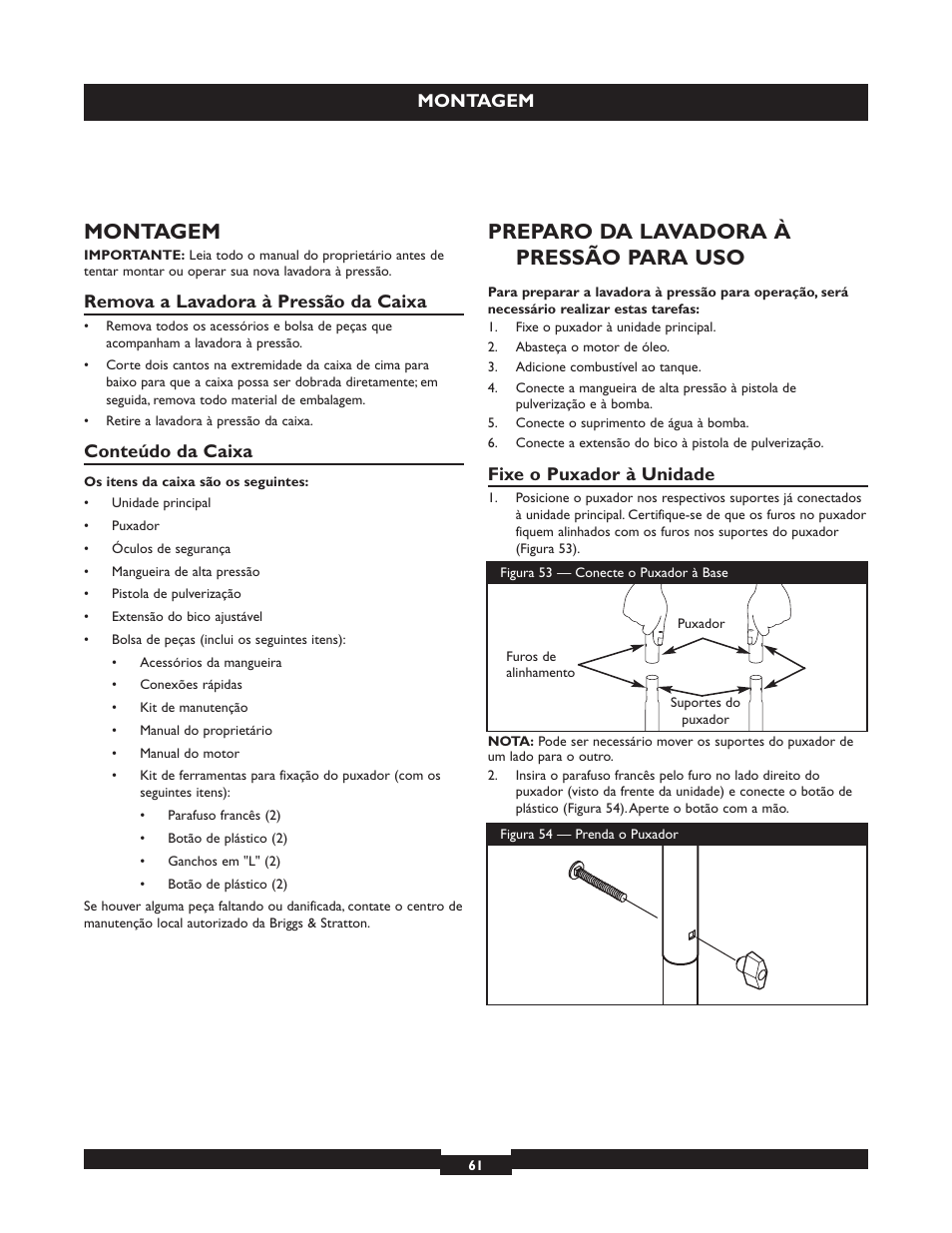 Preparo da lavadora à pressão para uso, Montagem, Remova a lavadora à pressão da caixa | Conteúdo da caixa, Fixe o puxador à unidade | Briggs & Stratton 20223 User Manual | Page 61 / 92