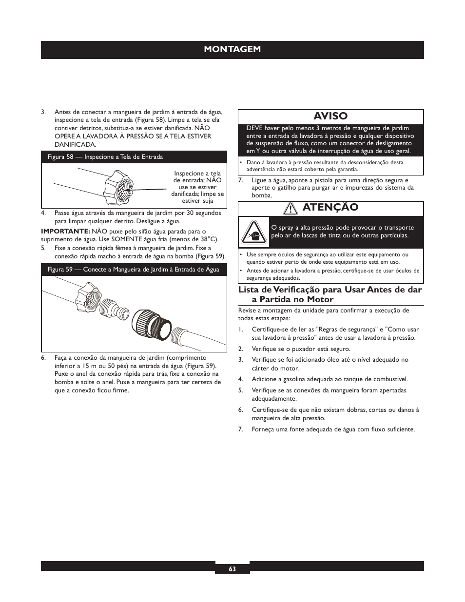 Aviso, Atenção, Montagem | Briggs & Stratton 20223 User Manual | Page 63 / 92