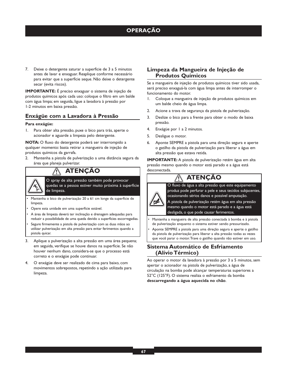 Atenção, Operação, Enxágüe com a lavadora à pressão | Sistema automático de esfriamento (alívio térmico) | Briggs & Stratton 20223 User Manual | Page 67 / 92