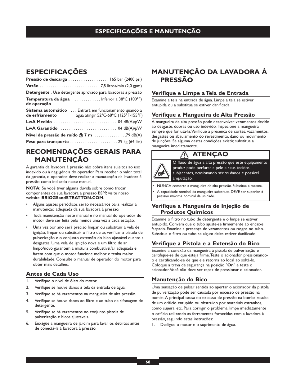 Especificações, Recomendações gerais para manutenção, Manutenção da lavadora à pressão | Atenção | Briggs & Stratton 20223 User Manual | Page 68 / 92