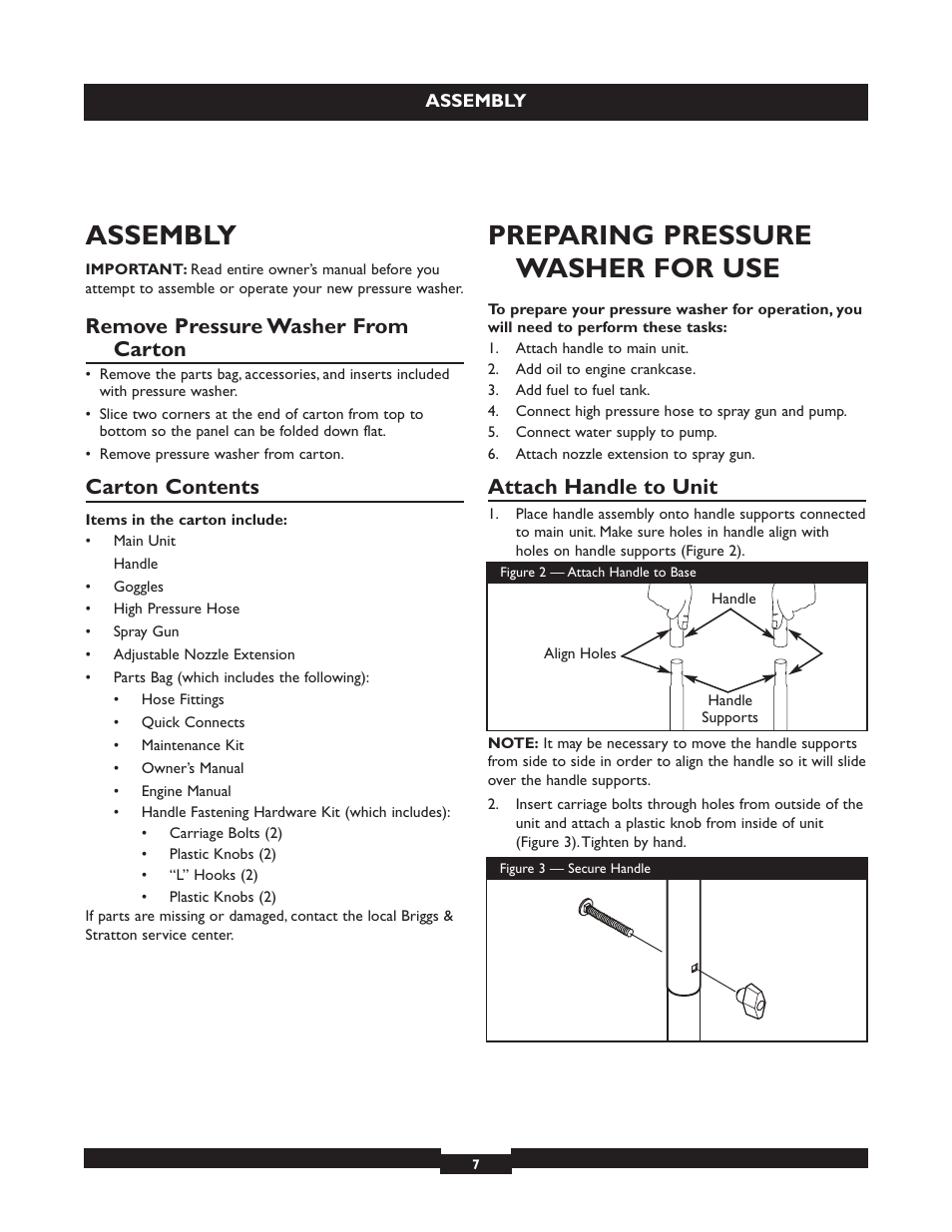 Assembly, Preparing pressure washer for use, Remove pressure washer from carton | Carton contents, Attach handle to unit | Briggs & Stratton 20223 User Manual | Page 7 / 92