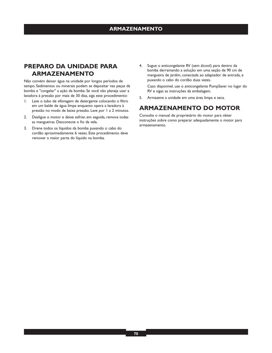 Preparo da unidade para armazenamento, Armazenamento do motor | Briggs & Stratton 20223 User Manual | Page 70 / 92