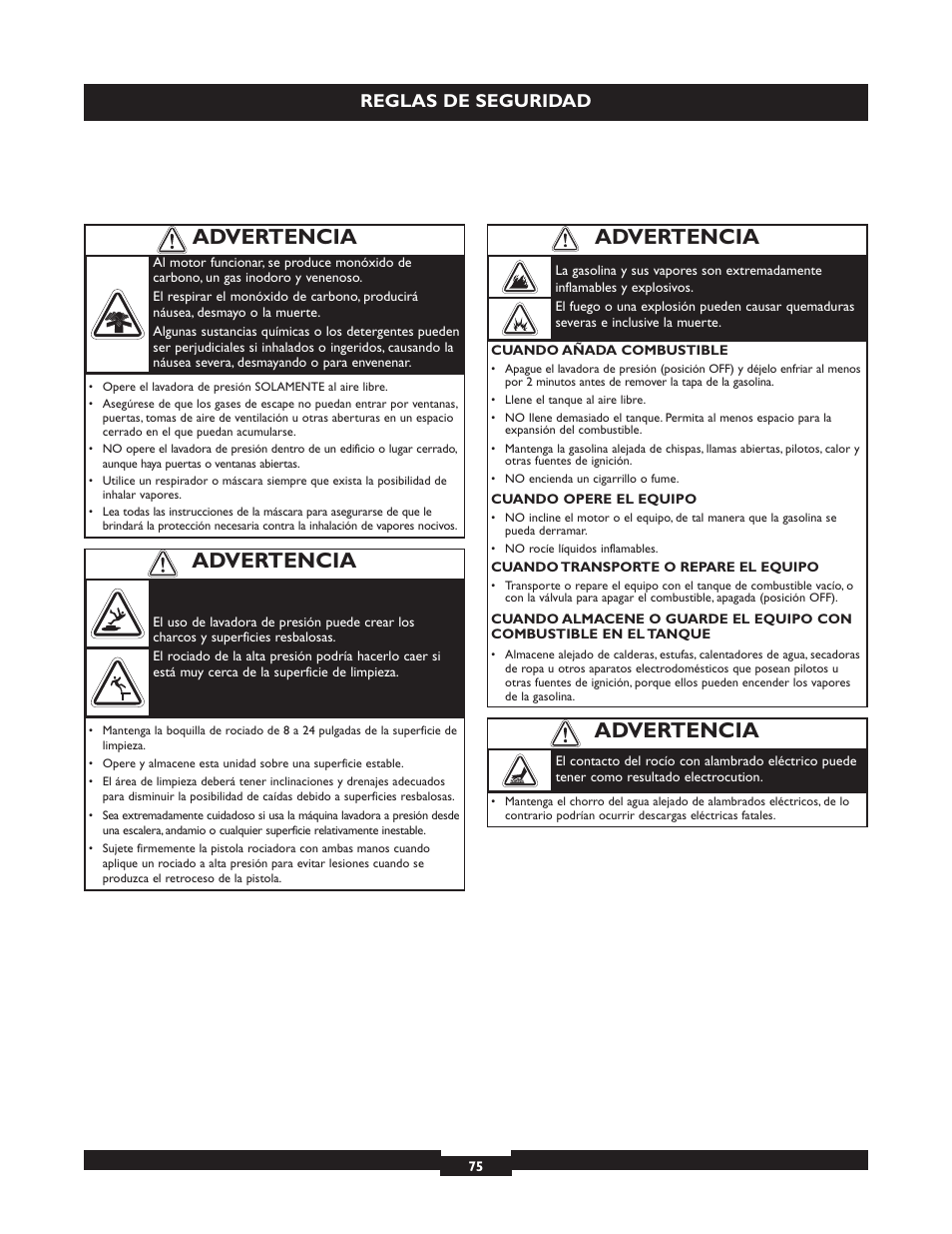 Advertencia, Reglas de seguridad | Briggs & Stratton 20223 User Manual | Page 75 / 92
