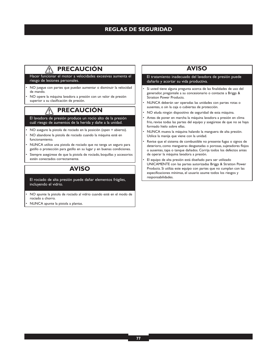 Precaución, Aviso, Reglas de seguridad | Briggs & Stratton 20223 User Manual | Page 77 / 92