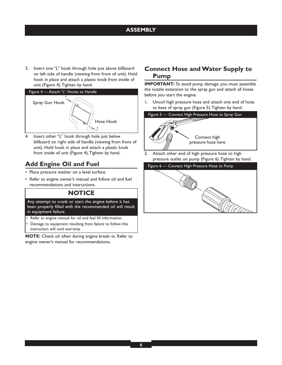 Add engine oil and fuel, Connect hose and water supply to pump, Notice | Briggs & Stratton 20223 User Manual | Page 8 / 92