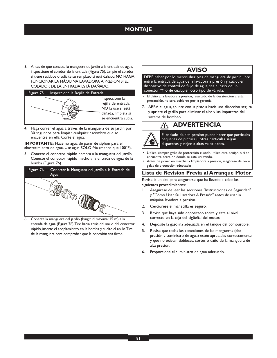 Aviso, Advertencia, Montaje | Lista de revision previa al arranque motor | Briggs & Stratton 20223 User Manual | Page 81 / 92