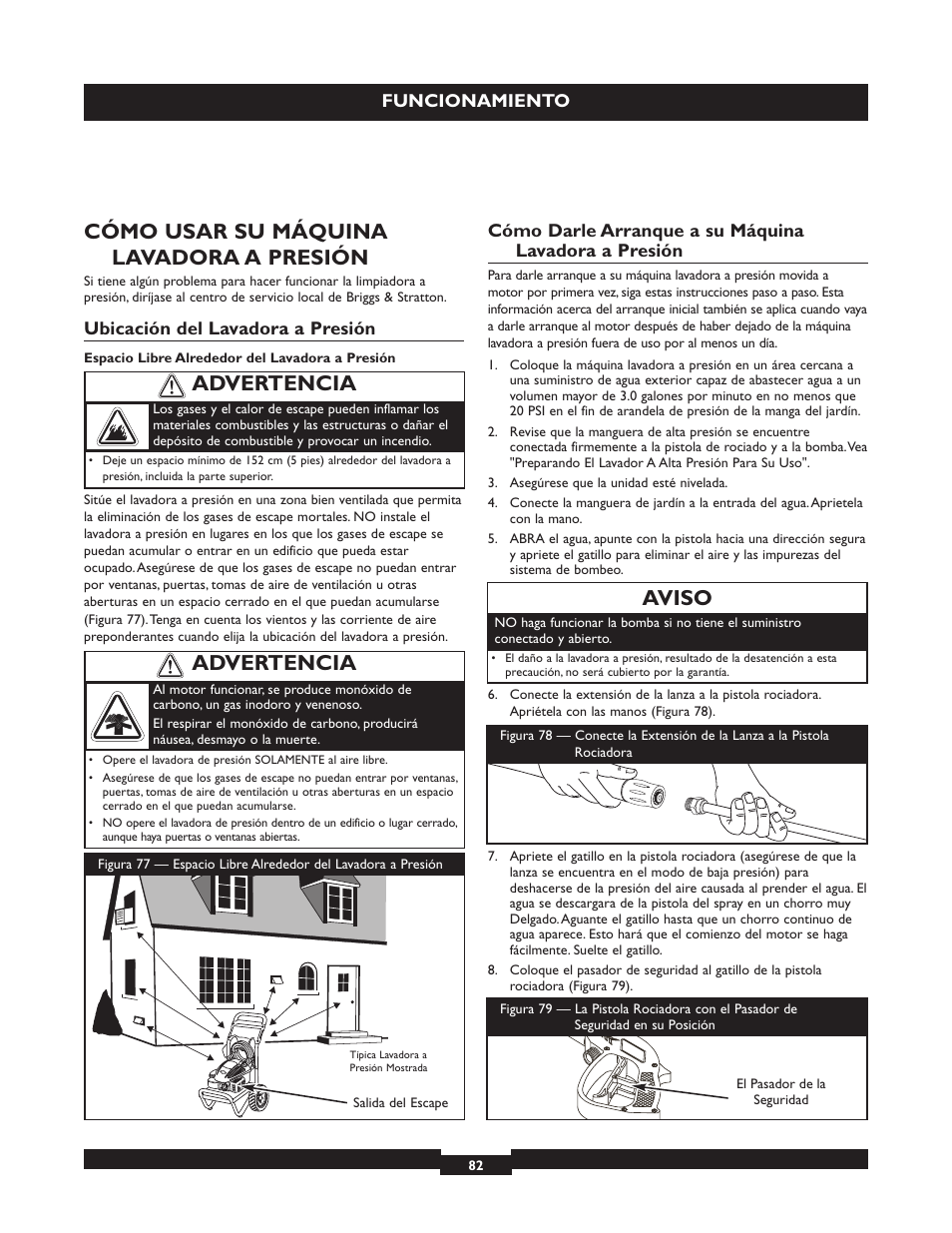Cómo usar su máquina lavadora a presión, Aviso, Advertencia | Briggs & Stratton 20223 User Manual | Page 82 / 92