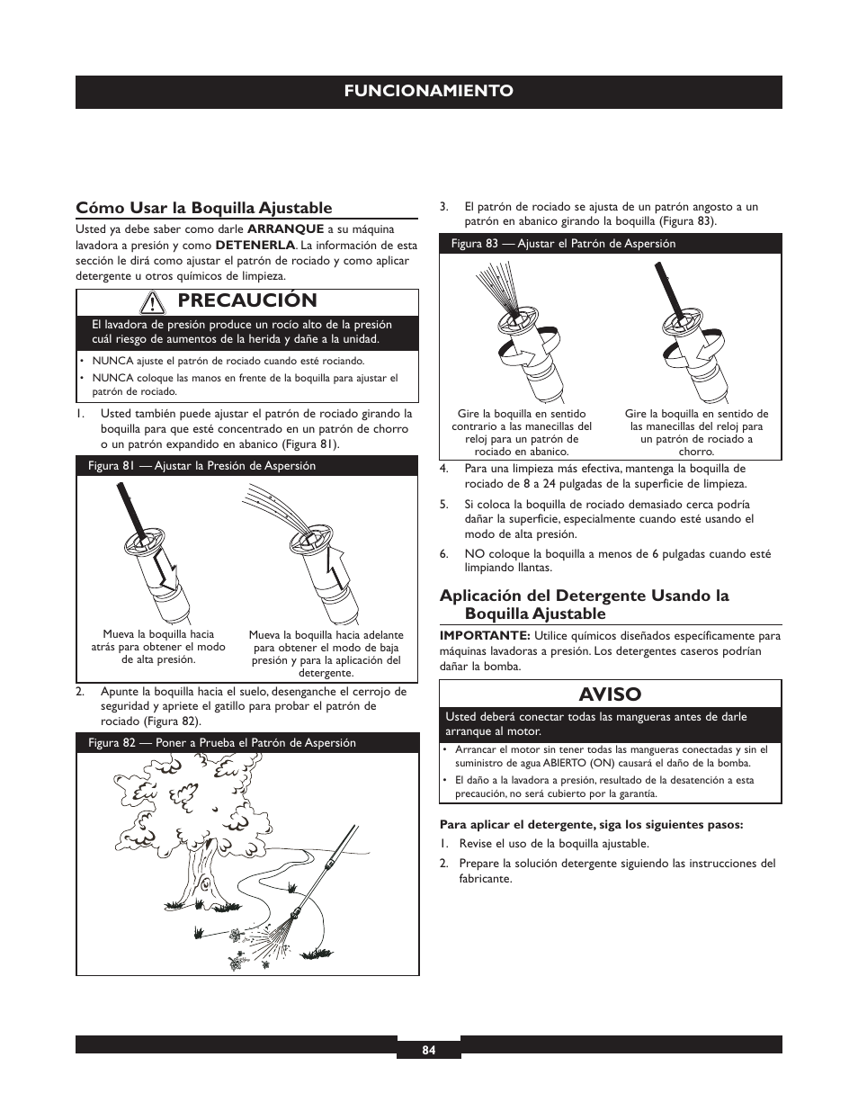 Precaución aviso, Funcionamiento, Cómo usar la boquilla ajustable | Briggs & Stratton 20223 User Manual | Page 84 / 92