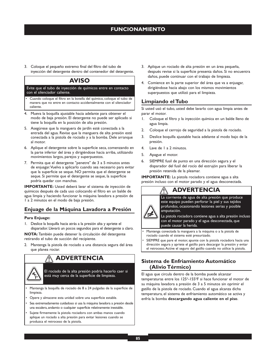Aviso, Advertencia, Enjuage de la máquina lavadora a presión | Limpiando el tubo, Funcionamiento | Briggs & Stratton 20223 User Manual | Page 85 / 92