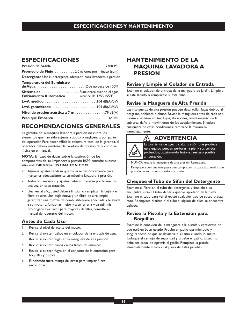 Especificaciones, Recomendaciones generales, Mantenimiento de la maquina lavadora a presion | Advertencia | Briggs & Stratton 20223 User Manual | Page 86 / 92