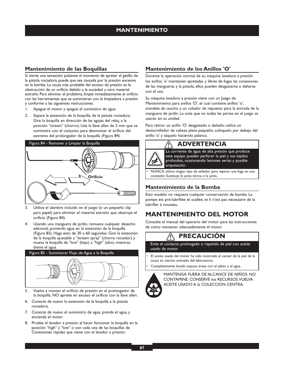 Mantenimiento del motor, Precaución, Advertencia | Briggs & Stratton 20223 User Manual | Page 87 / 92