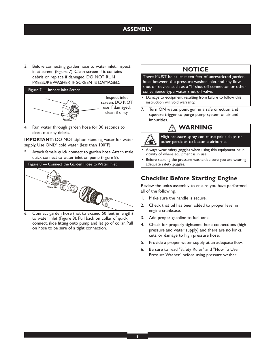 Checklist before starting engine, Notice, Warning | Briggs & Stratton 20223 User Manual | Page 9 / 92
