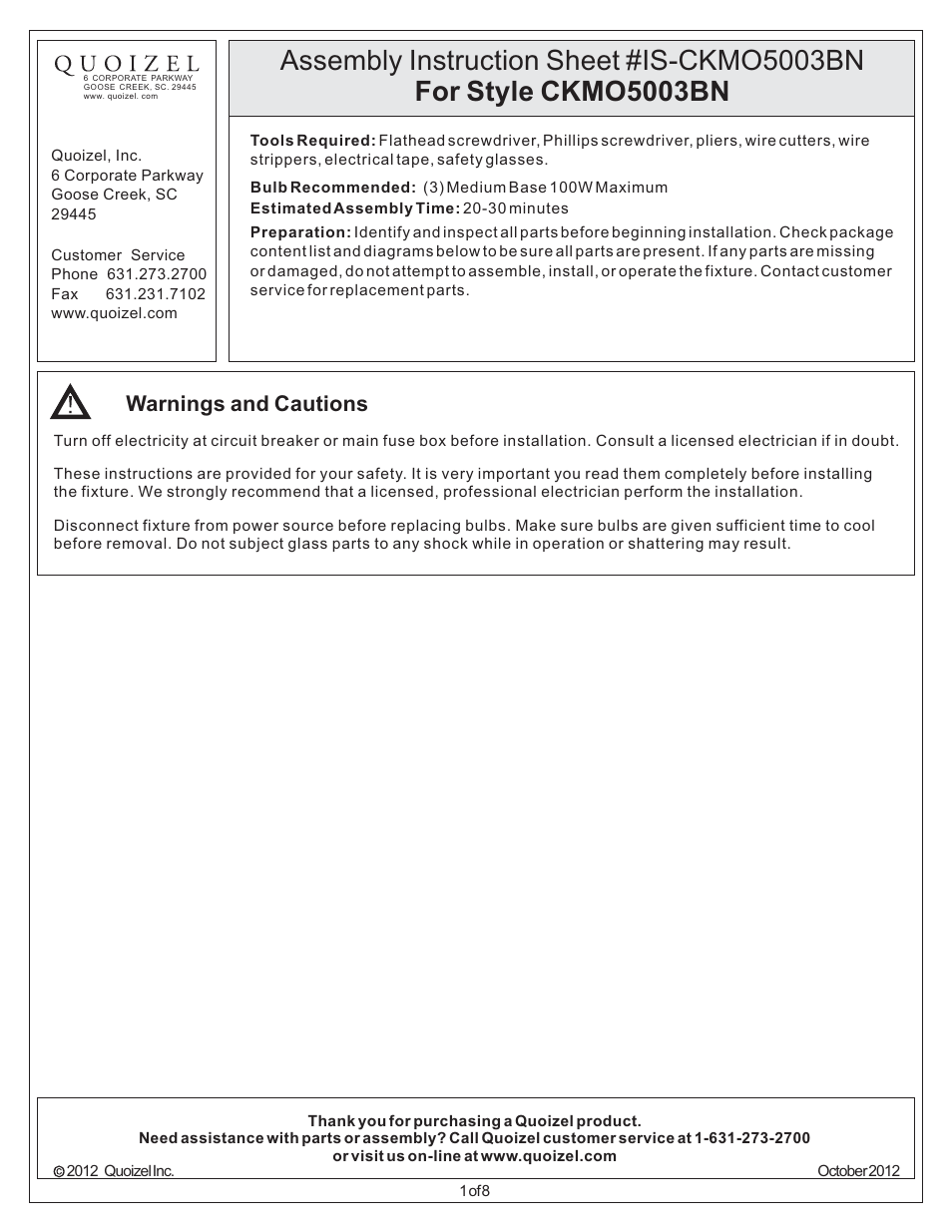 Quoizel CKMO5003BN Metro User Manual | 8 pages