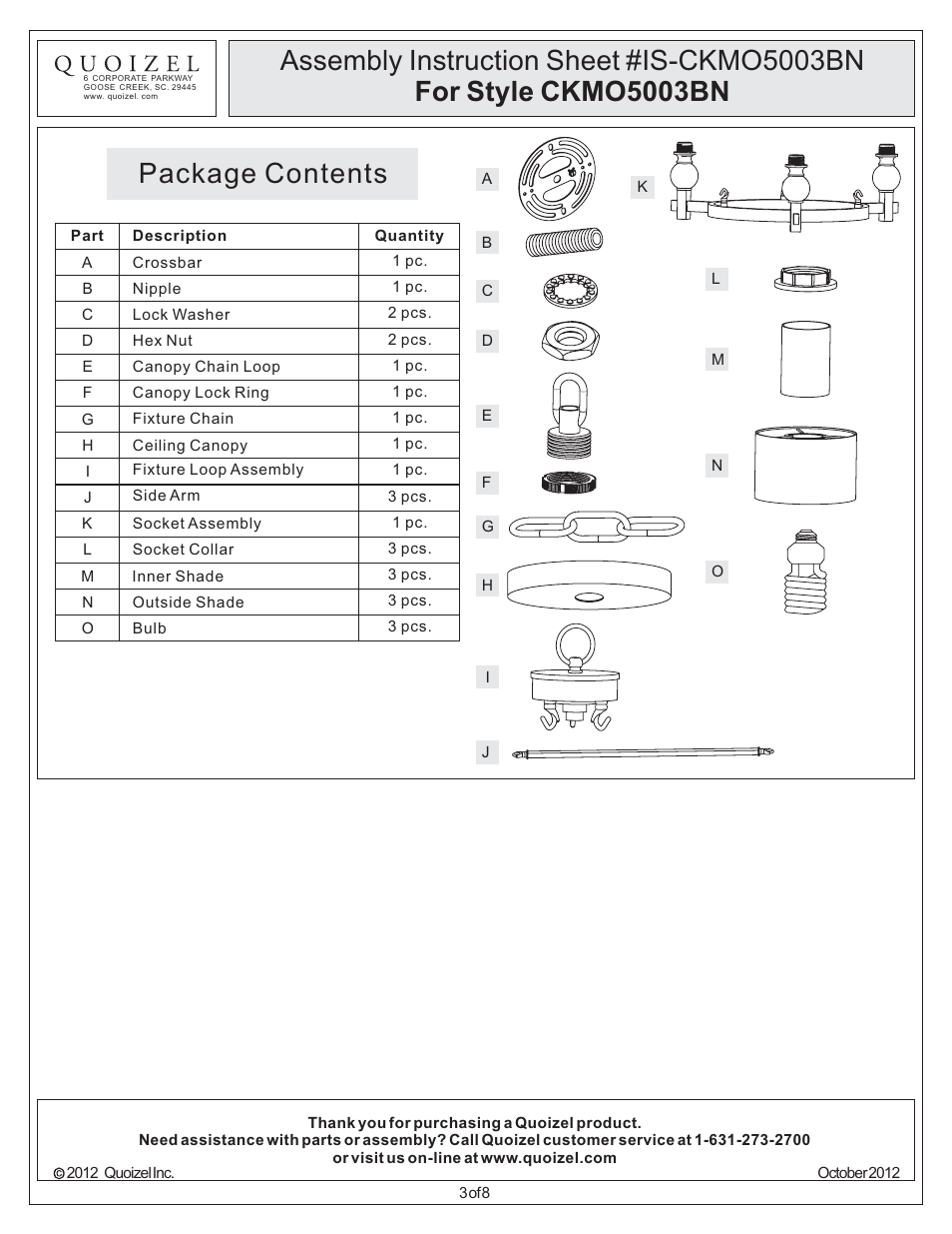 Package contents | Quoizel CKMO5003BN Metro User Manual | Page 3 / 8