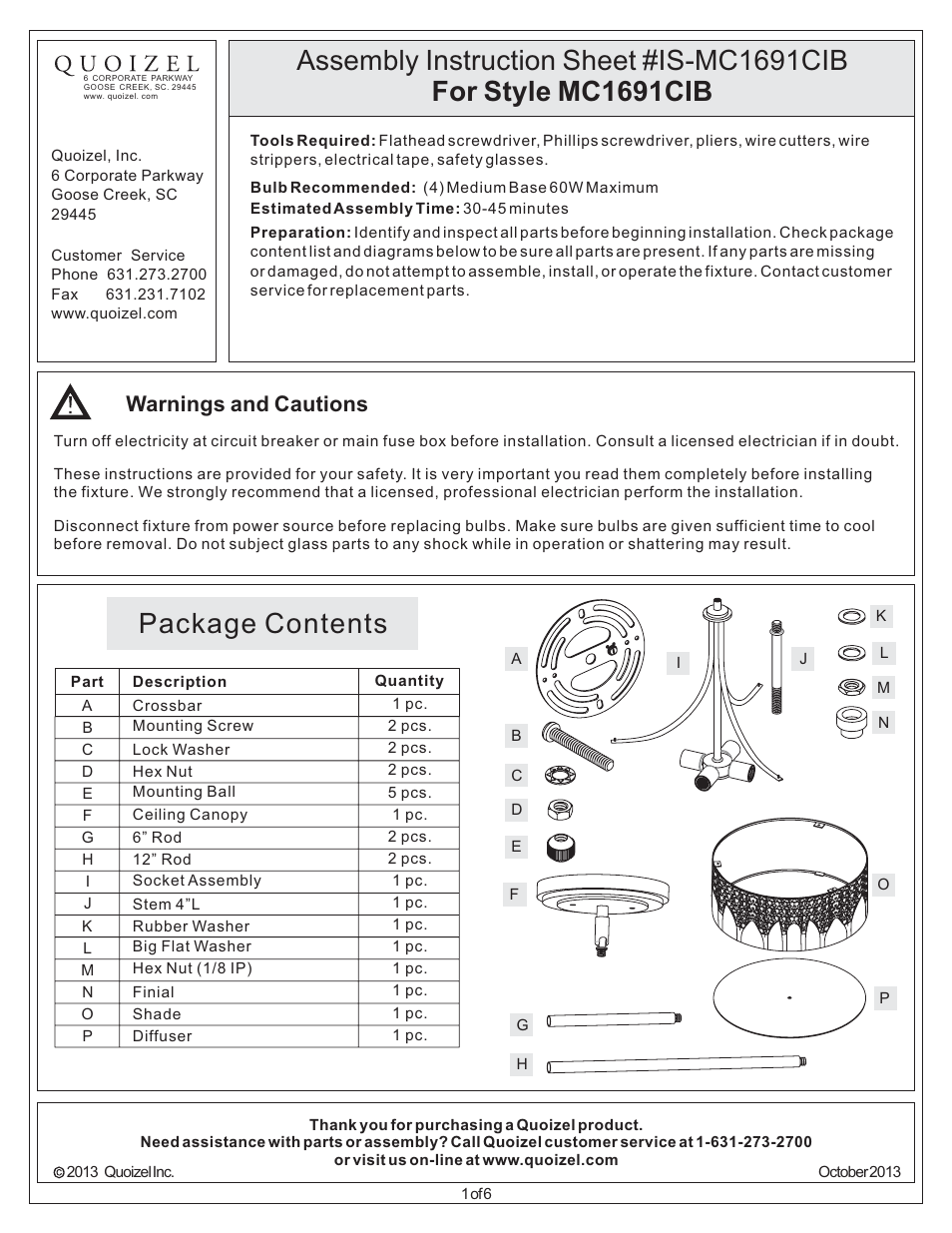 Quoizel MC1691CIB Mica User Manual | 6 pages