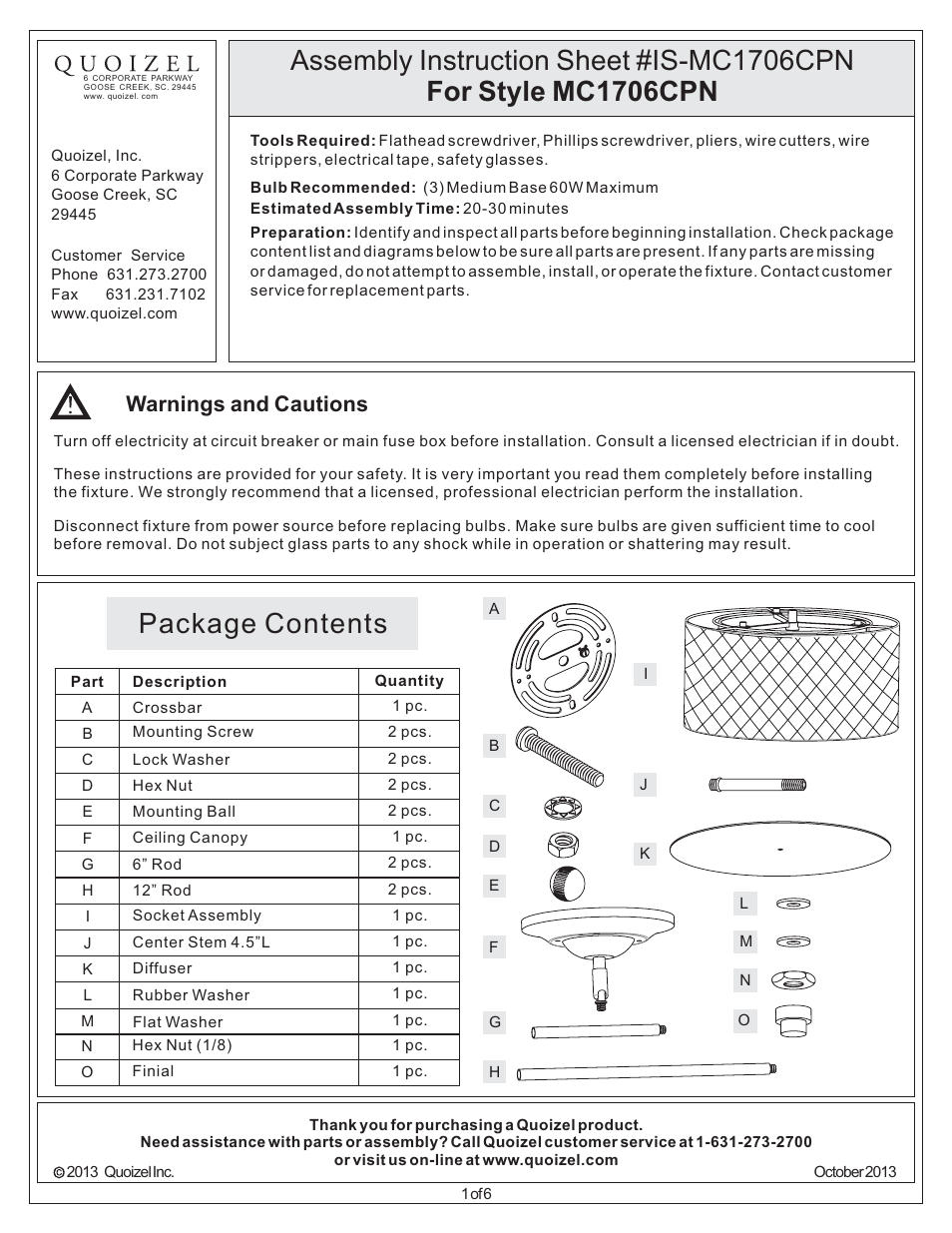 Quoizel MC1706CPN Mica User Manual | 6 pages