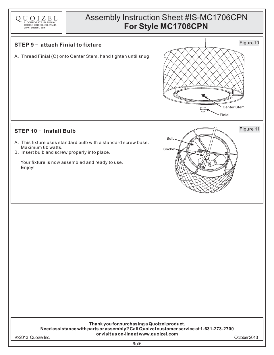 Quoizel MC1706CPN Mica User Manual | Page 6 / 6